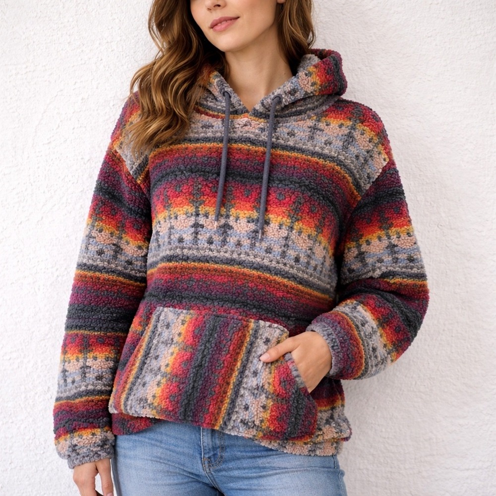 VTG Baja Stripe‎ Sherpa Hoodie Size L Colorful Aztec Surf Skate Cozy Pullover